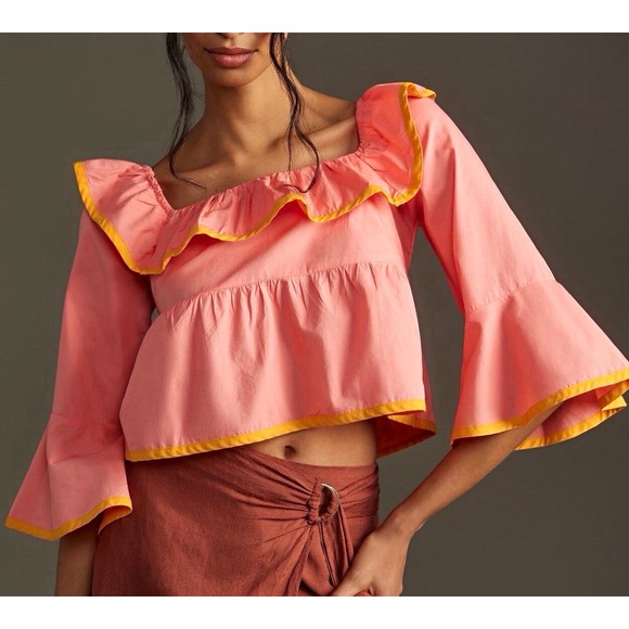 Maeve by Anthropologie Tops - Maeve by Anthropologie Pink Ruffle Square Neck Tie Back 3/4 Sleeve Blouse S